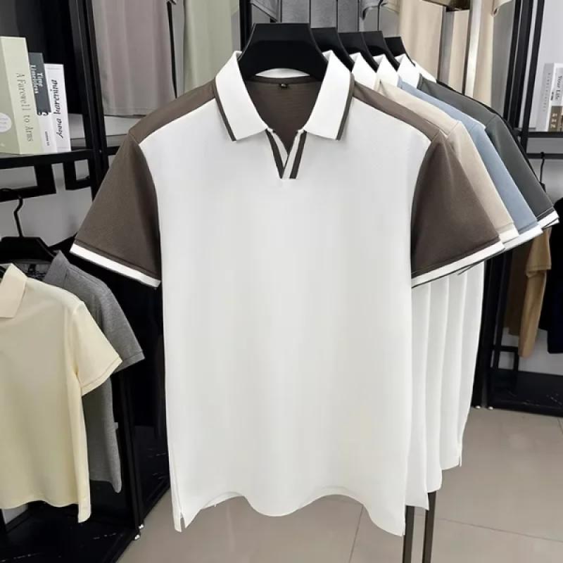 Fashion personality color blocked men's short sleeve polo shirt summer silky breathable unique buttonless V-neck T-shirt new top