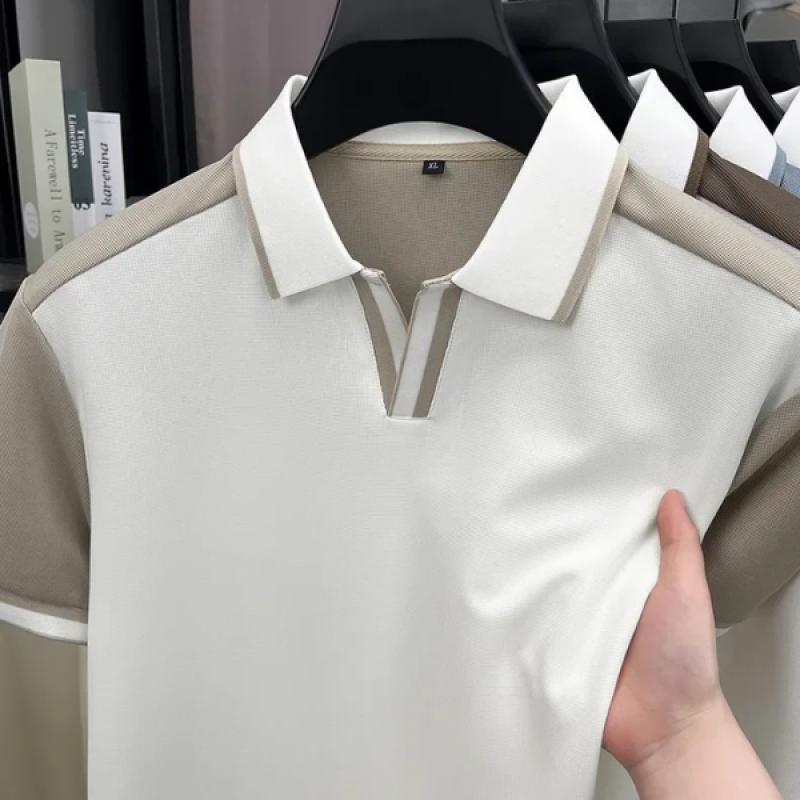 Fashion personality color blocked men's short sleeve polo shirt summer silky breathable unique buttonless V-neck T-shirt new top - image 6