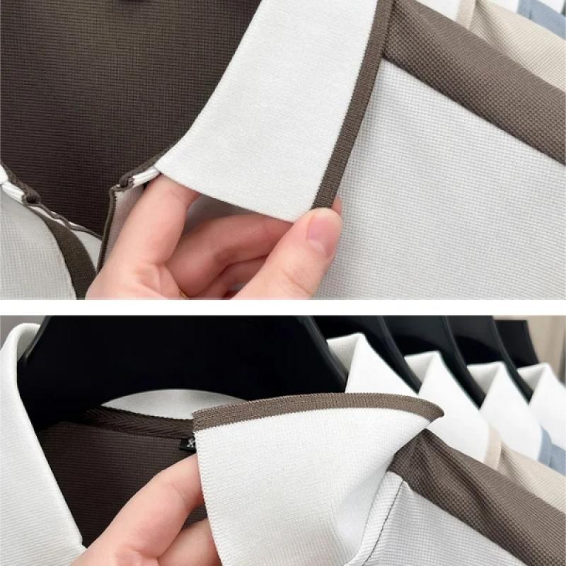 Fashion personality color blocked men's short sleeve polo shirt summer silky breathable unique buttonless V-neck T-shirt new top - image 7